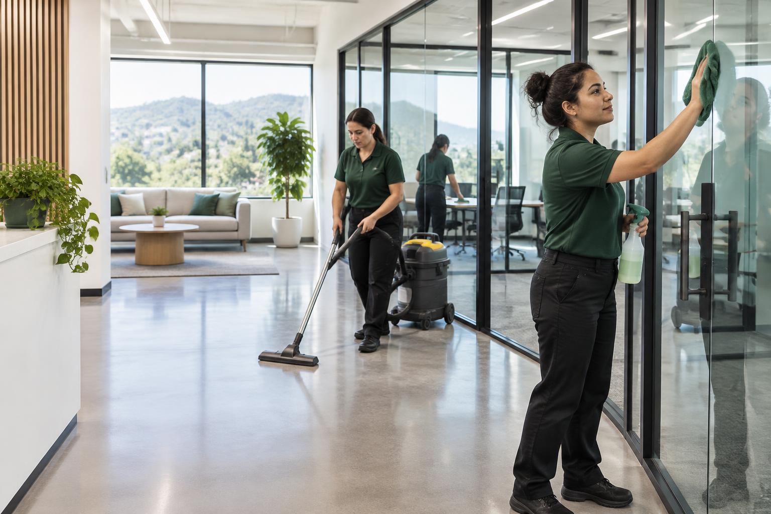 Professional cleaning crew detailing a modern East Bay office